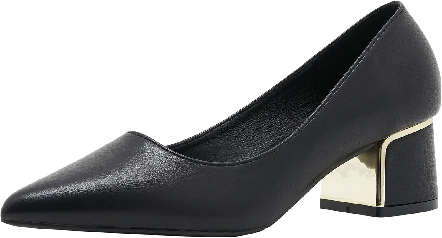 YooPrettyz Women Leather Pump Shoe Office Daily Wear Block Heel Work Pump Pointed Toe Polished Mid Heels