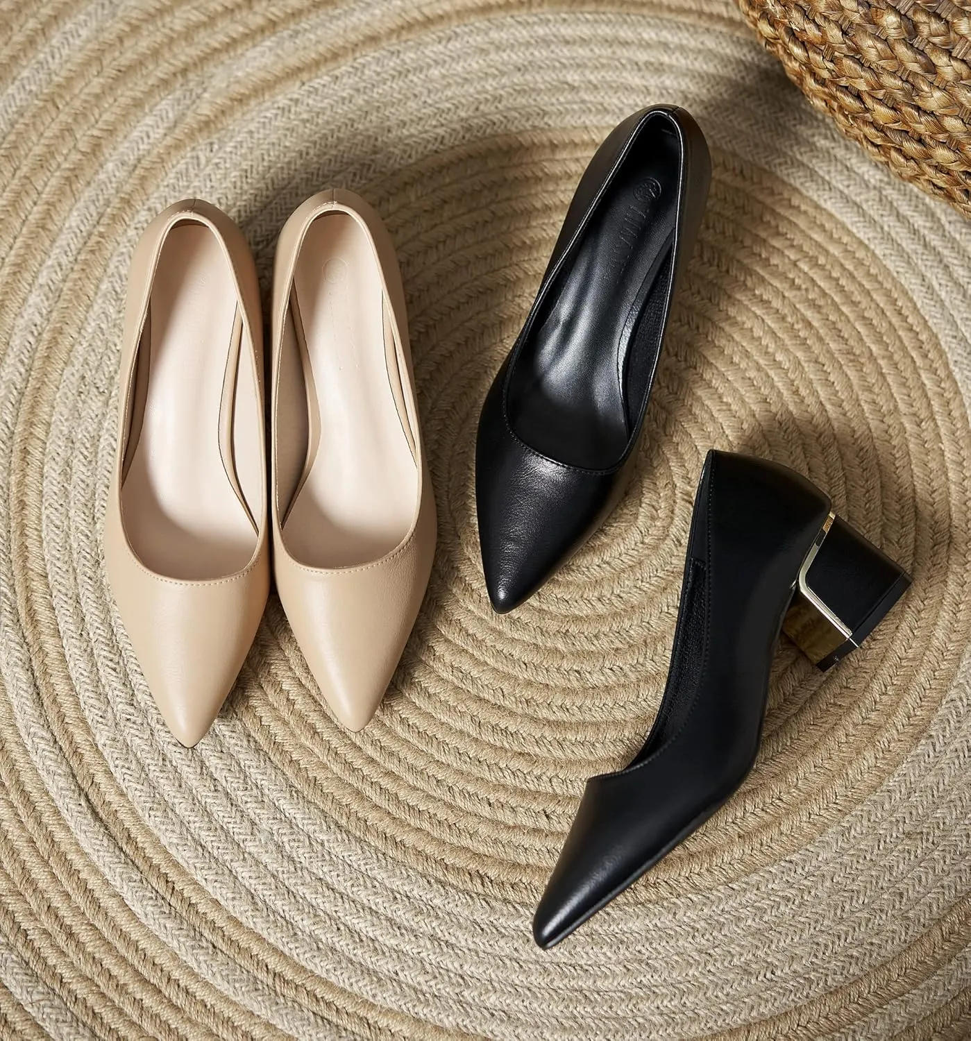 YooPrettyz Women Leather Pump Shoe Office Daily Wear Block Heel Work Pump Pointed Toe Polished Mid Heels
