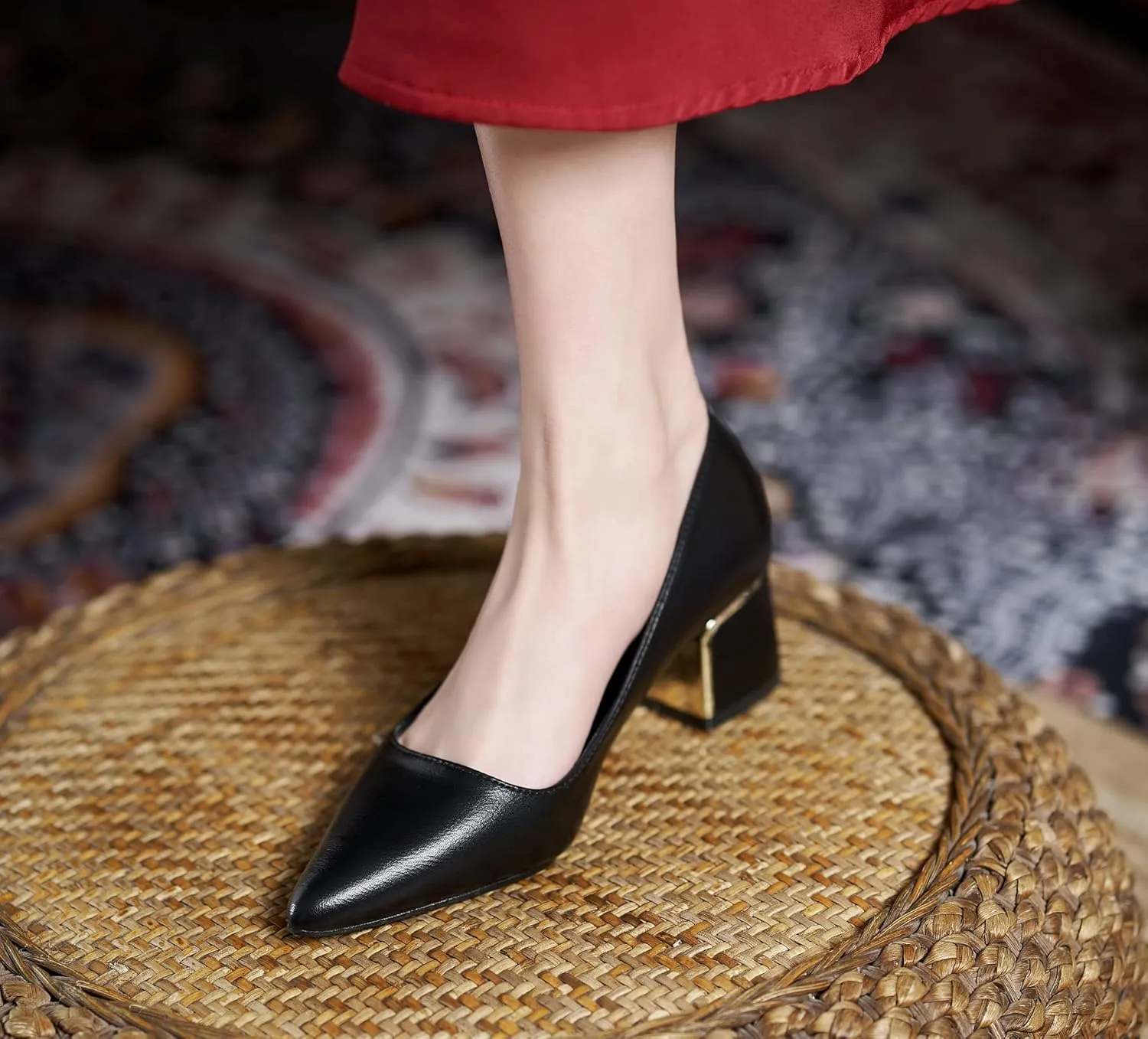 YooPrettyz Women Leather Pump Shoe Office Daily Wear Block Heel Work Pump Pointed Toe Polished Mid Heels