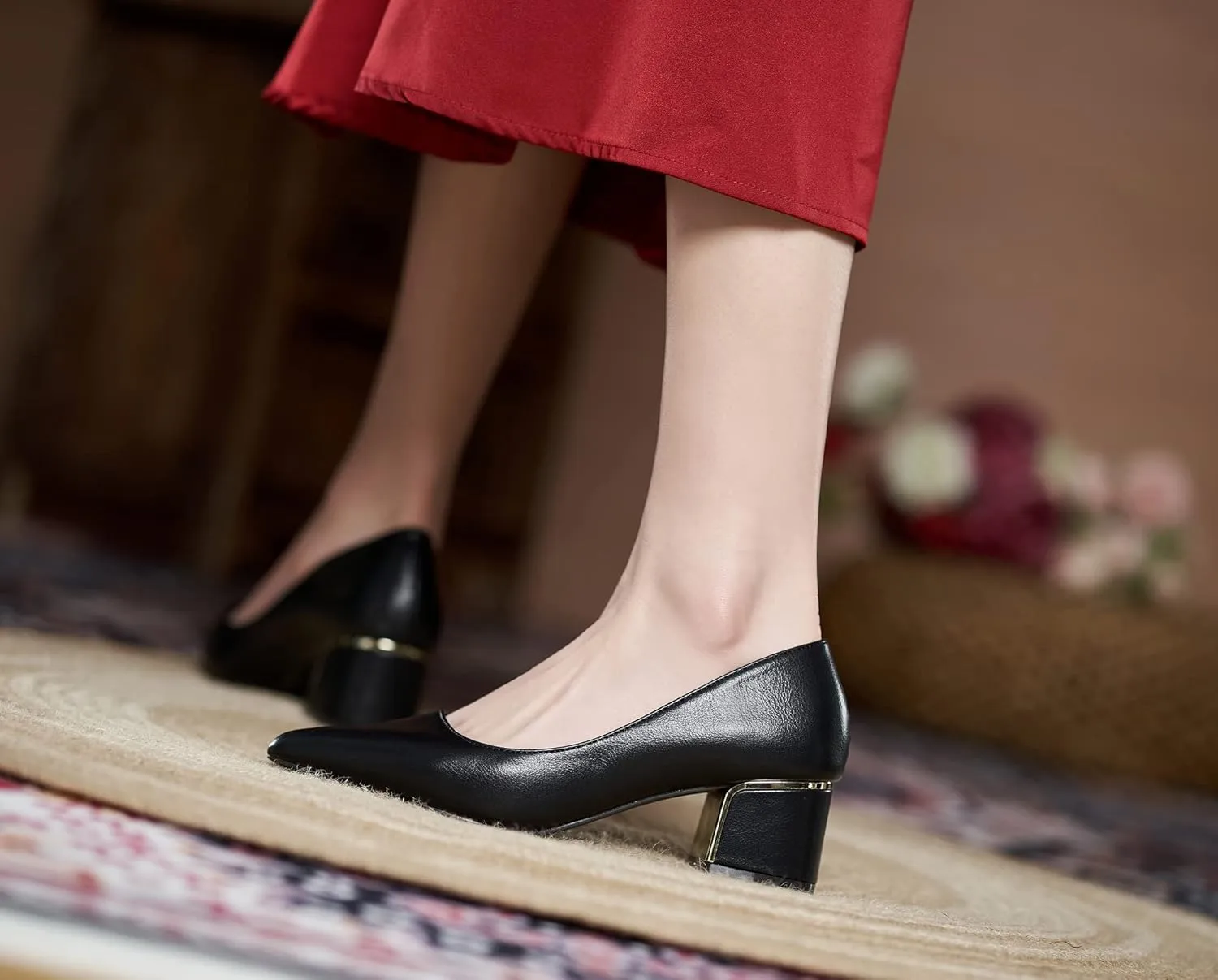 YooPrettyz Women Leather Pump Shoe Office Daily Wear Block Heel Work Pump Pointed Toe Polished Mid Heels