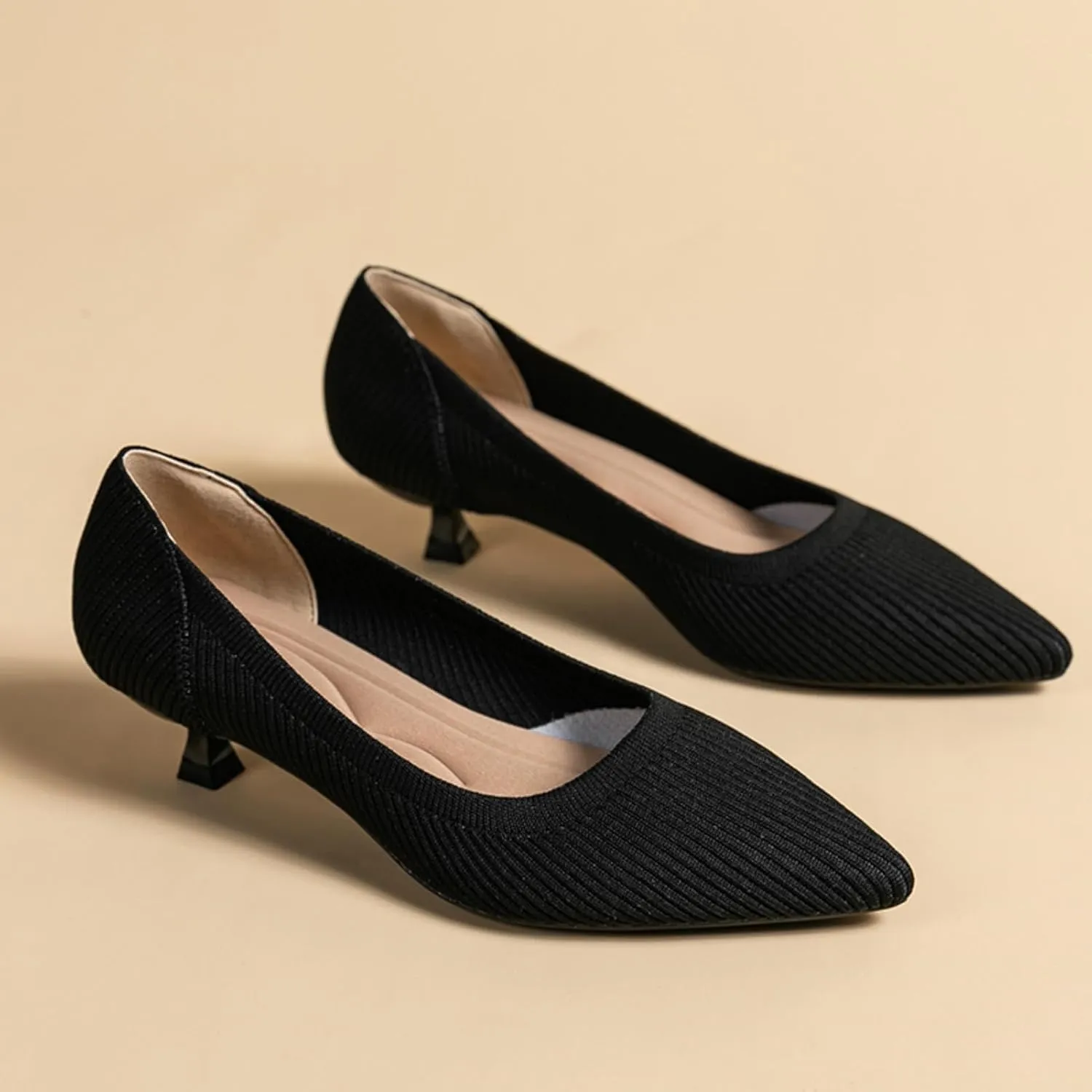 youngshow Women's Pumps Kitten Heels Pointed Toe Knit Slip On Comfortable Casual Formal Dress Shoes