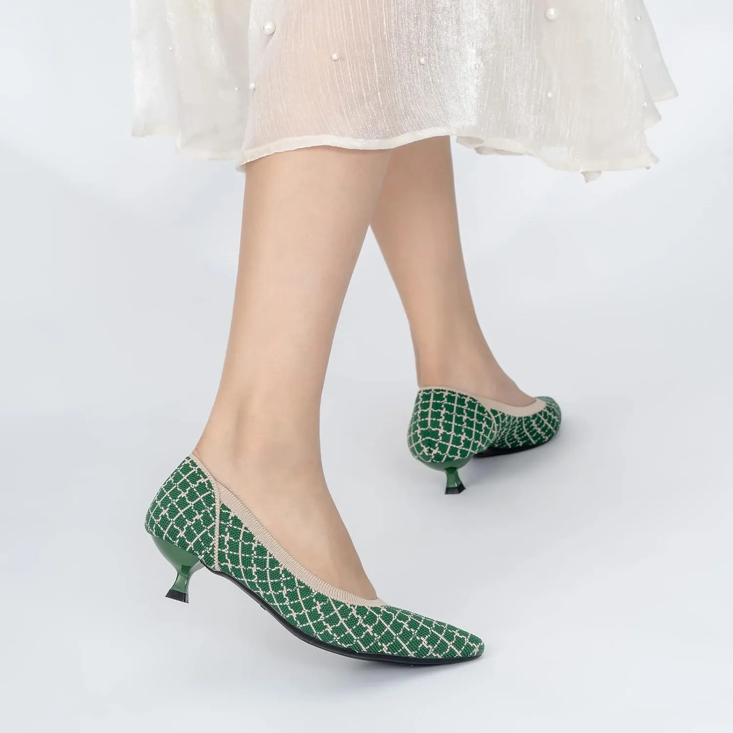 youngshow Women's Pumps Kitten Heels Pointed Toe Knit Slip On Comfortable Casual Formal Dress Shoes