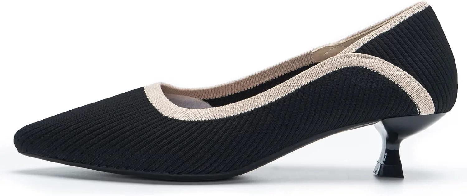 youngshow Women's Pumps Kitten Heels Pointed Toe Knit Slip On Comfortable Casual Formal Dress Shoes