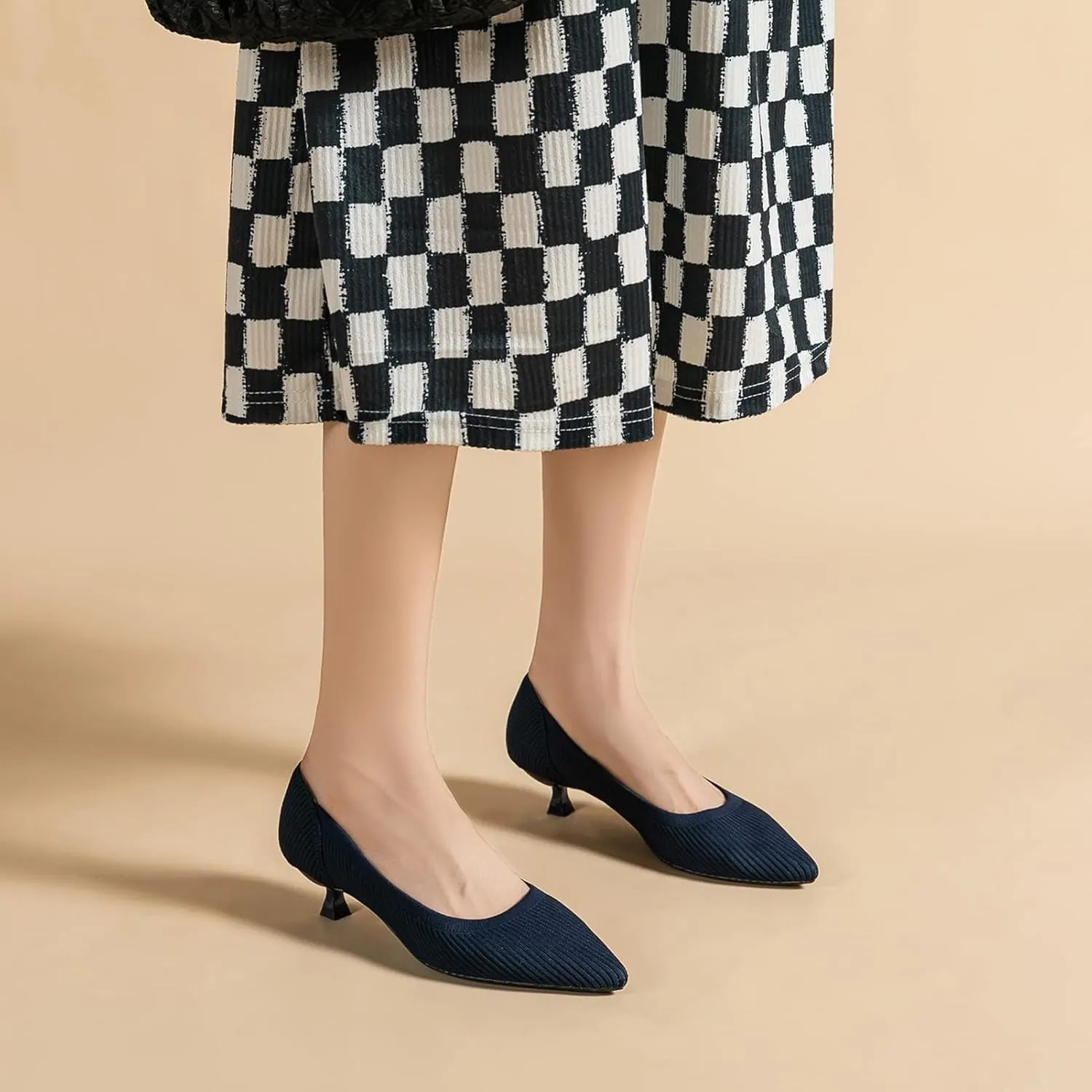 youngshow Women's Pumps Kitten Heels Pointed Toe Knit Slip On Comfortable Casual Formal Dress Shoes