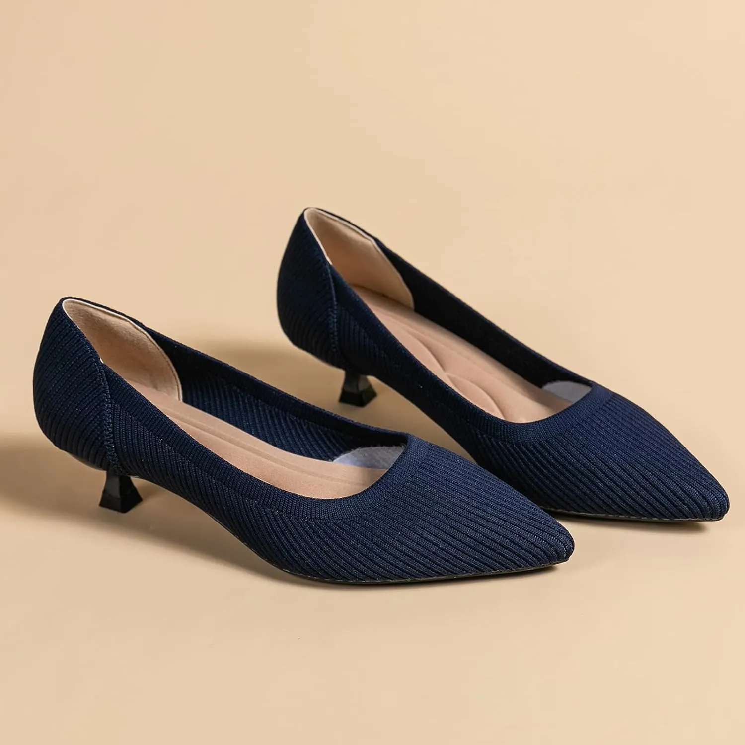 youngshow Women's Pumps Kitten Heels Pointed Toe Knit Slip On Comfortable Casual Formal Dress Shoes