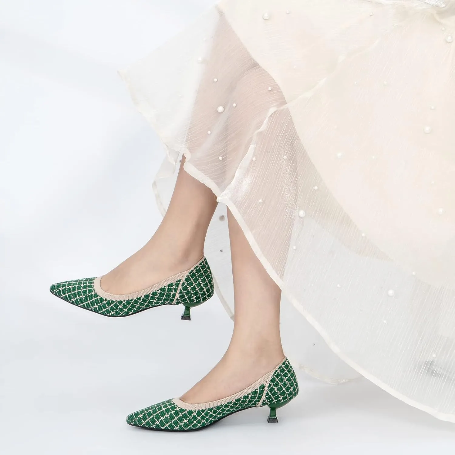 youngshow Women's Pumps Kitten Heels Pointed Toe Knit Slip On Comfortable Casual Formal Dress Shoes