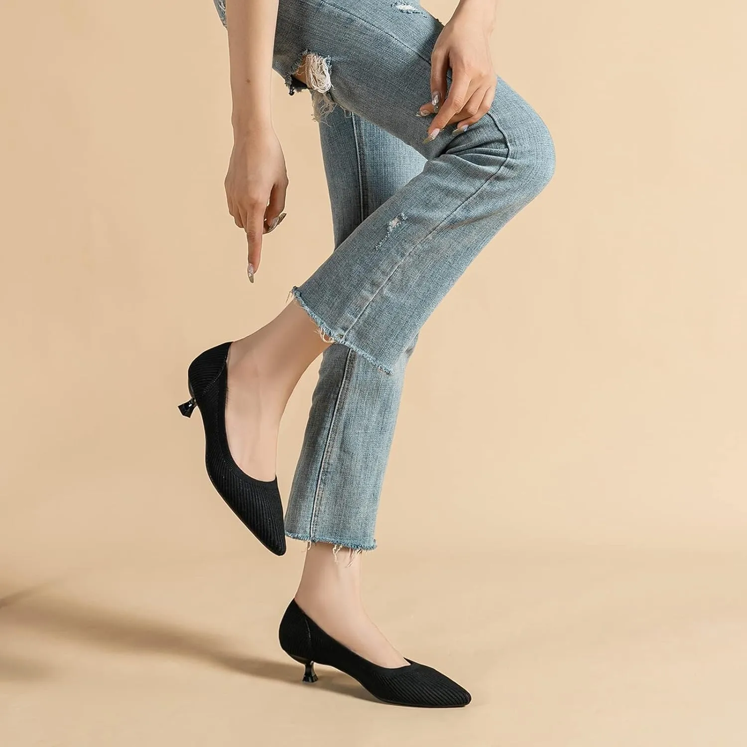 youngshow Women's Pumps Kitten Heels Pointed Toe Knit Slip On Comfortable Casual Formal Dress Shoes