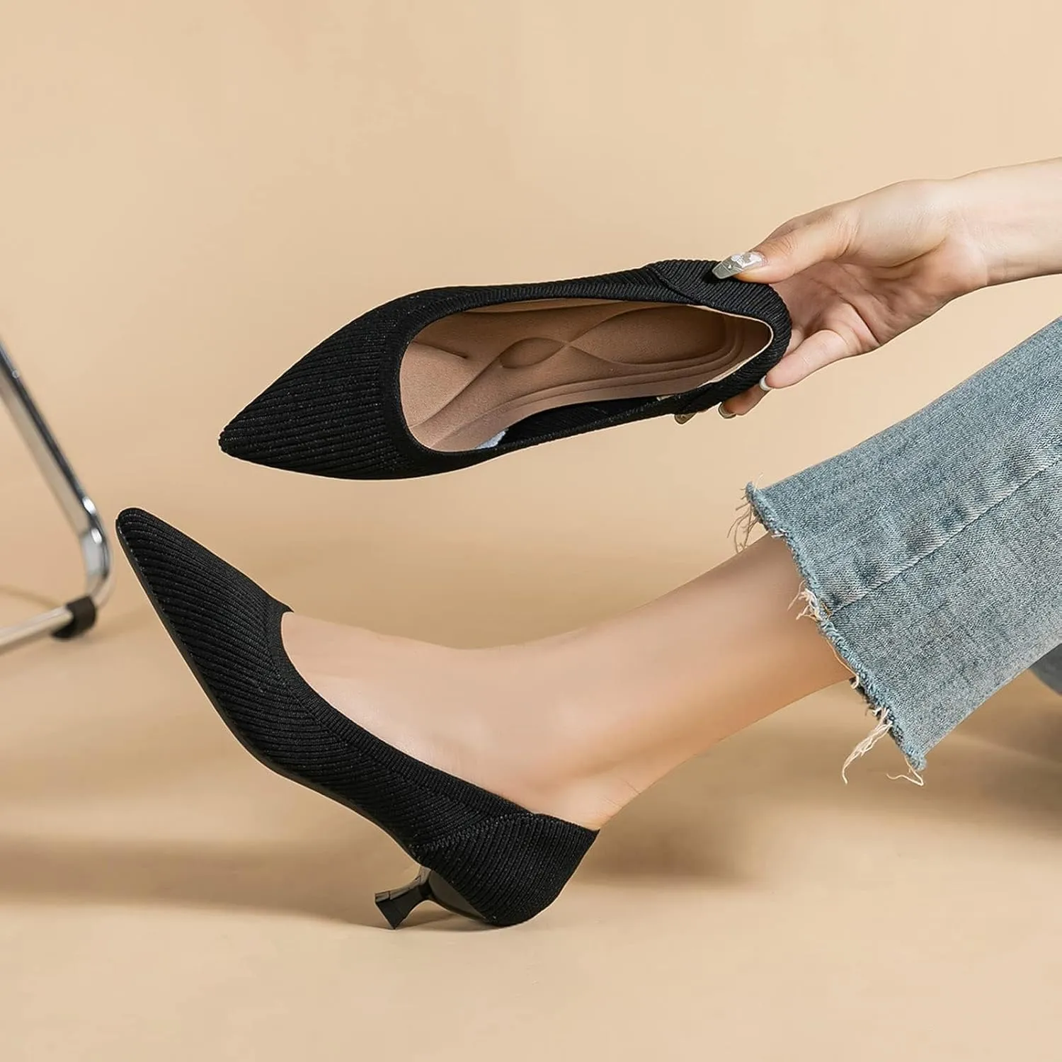 youngshow Women's Pumps Kitten Heels Pointed Toe Knit Slip On Comfortable Casual Formal Dress Shoes