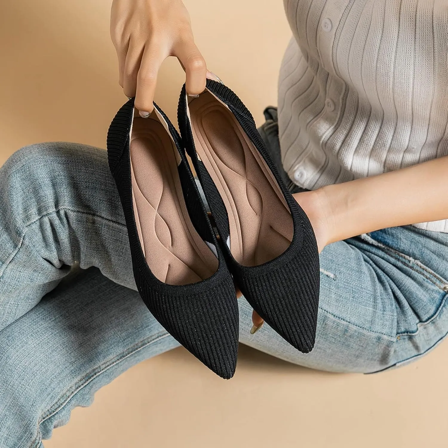 youngshow Women's Pumps Kitten Heels Pointed Toe Knit Slip On Comfortable Casual Formal Dress Shoes