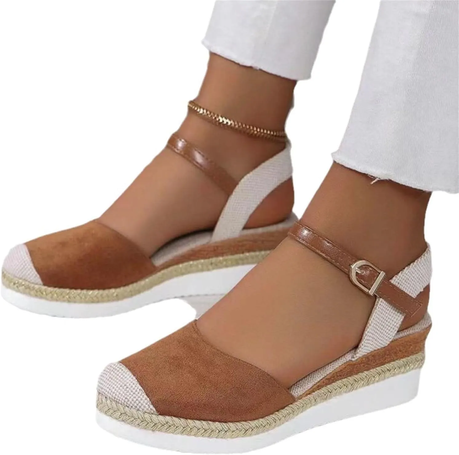 ZWRXW Closed Toe Sandals Women Arch Support Orthopedic Platform Wedge Sandals Buckle Ankle Strap Walking Sandal Boho Elegant Dressy Summer Shoes